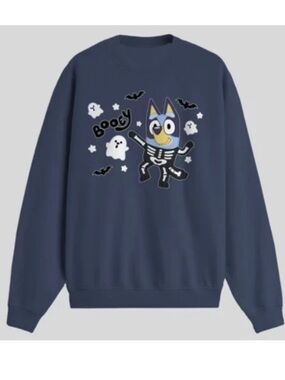 Navy Blue Graphic Crewneck Sweatshirt with Halloween Character. Bluey “Booey”